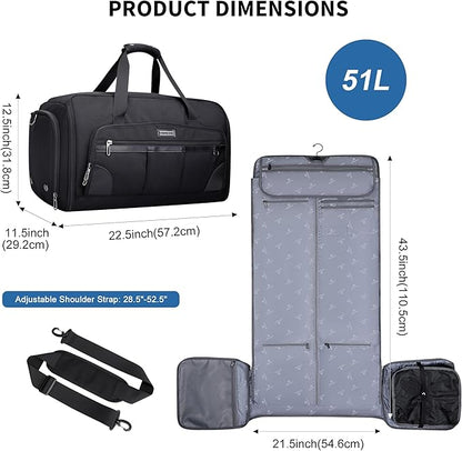 WITZMAN Garment Duffle Bags for Travel Mens Large Convertible Carry On Suit Garment Bag for Men Hanging Clothes with Shoe Compartment（B725 Black）