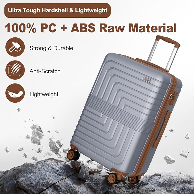 Romswi 3 Piece Luggage Sets, Expandable PC+ABS Hardshell Suitcase Set with TSA Lock YKK Zipper and Dual Spinner Wheels, Large Checked Travel Suitcases, 22/26/30 Inch, Silver