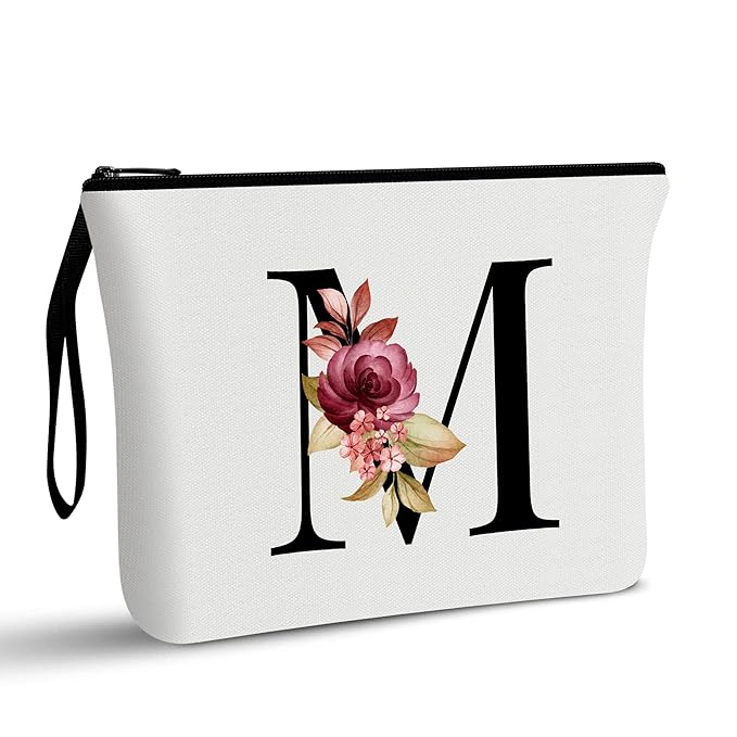 Vavabox A-Z Personalized Makeup Bag, Birthday Gifts for Women Mom, Gifts for Best Friend, Bride Bridesmaid Cosmetic bag (M, White)