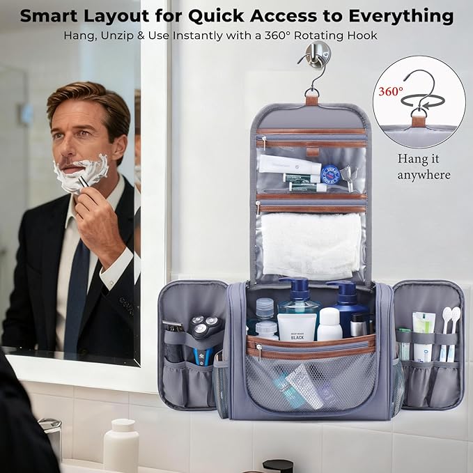 Large Hanging Toiletry Bag for Men, Travel Bathroom Bag with Hook, Hygiene Bag Organizer for Shower, Shaving & Grooming Essentials, Gray