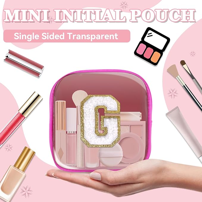 Mini Clear Personalized Initial Makeup Bag,Nylon Preppy A-Z Chenille Letter Patch Zipper Cosmetic Bag, Small Cute Beach Pouch Travel Purse Sanitary Napkin Storage Bag for Women Girls(Hot Pink-White G)