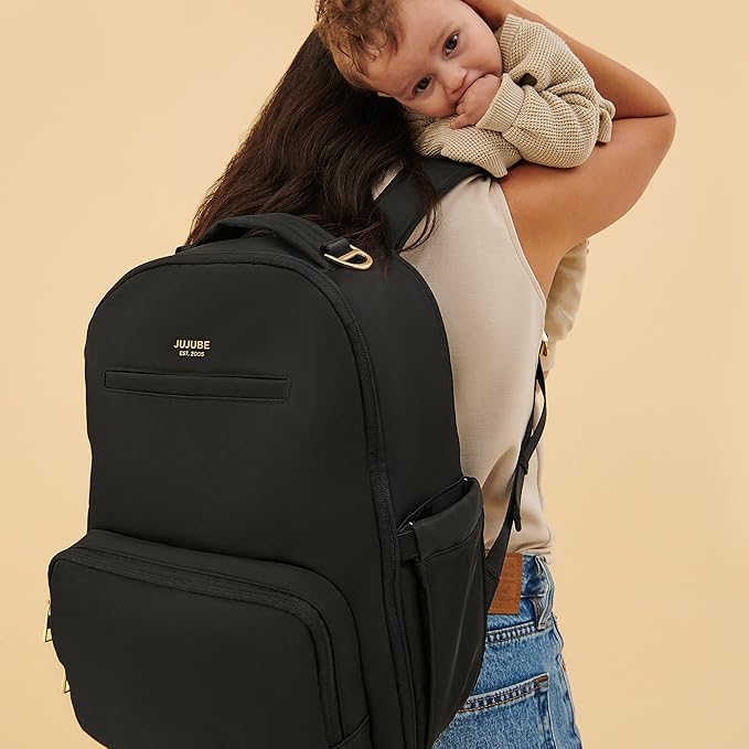 JuJuBe New Classic Diaper Bag Backpack with Portable Changing Pad, Stroller Straps, Large Travel Backpack for Boy or Girl, Carrying Baby Bottles, Wipes, Diapers, Pacifiers, Black, Mothers Day GIft