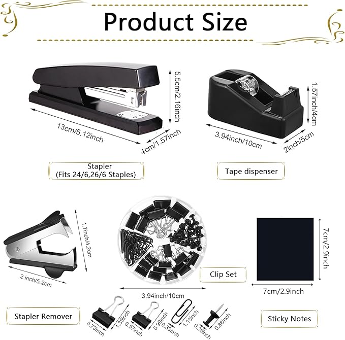Office Supplies,Desk Accessories,Stapler and Tape Dispenser Set,1000 Staples,Staple Remover,Pen Holder,Folding Phone Holder,Journal Notebook,Ballpoint Pen,Scissor,Ruler,Clear Tape,Sticky Notes,Ect