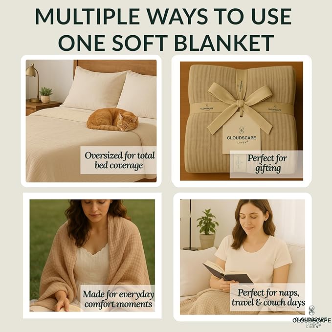 Cloud Scape Linen Extra Large 8 Layer Muslin Throw Blanket - 100% Cotton Gauze, Soft and Breathable, Winter Blanket for Couch, Sofa and Bed, Idea, 50x70, Fog