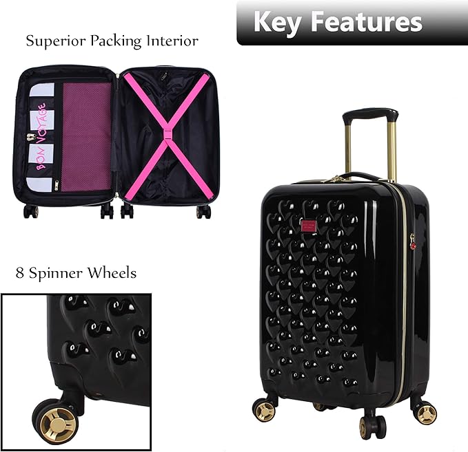 Betsey Johnson 26 Inch Checked Luggage Collection - Expandable Scratch Resistant (ABS + PC) Hardside Suitcase - Designer Lightweight Bag with 8-Rolling Spinner Wheels (Heart to Heart Black)