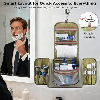 Large Hanging Toiletry Bag for Men, Travel Bathroom Bag with Hook, Hygiene Bag Organizer for Shower, Shaving & Grooming Essentials, Green