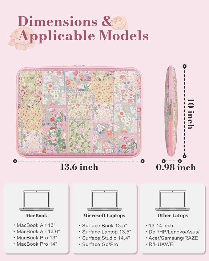 iCasso Laptop Sleeve 13 inch for MacBook Air 13-13.6 inch M3/M2/M1, Cute Laptop Sleeve for MacBook Pro 13 inch, Slim Protective Travel Carrying Case for MacBook Pro 14'', Chromebook, HP, Dell, Pink