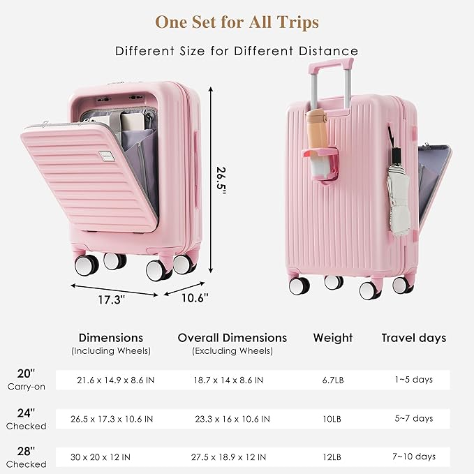 Luggage Sets 3 Pcs, Hardside Suit case with Front Pocket Cup Holder and TSA Lock