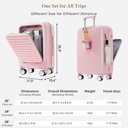 Luggage Sets 3 Pcs, Hardside Suit case with Front Pocket Cup Holder and TSA Lock
