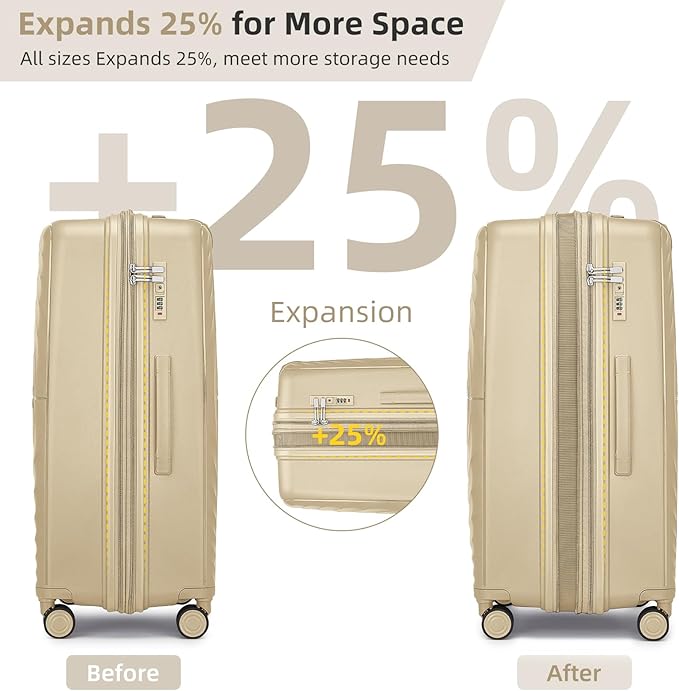 LARVENDER 20in Carry On Luggage, PP Hardside Luggage Set 3 Piece, Expandable Travel Suitcase Set with TSA Lock, Lightweight Suitcases with Wheels for Women Men(CHAMPAGNE/20/DB/TB)