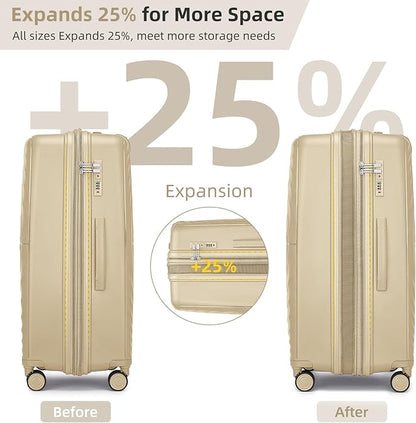 LARVENDER 20in Carry On Luggage, PP Hardside Luggage Set 3 Piece, Expandable Travel Suitcase Set with TSA Lock, Lightweight Suitcases with Wheels for Women Men(CHAMPAGNE/20/DB/TB)