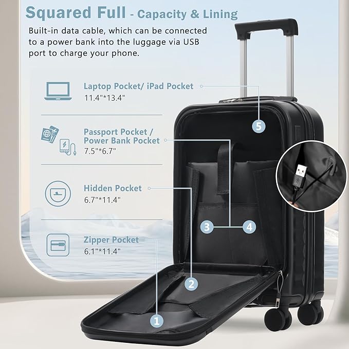 Merax Luggage Sets 2 Piece Front Opening, Hardside Lightweight Carry on Suitcase with USB Port,Durable Expandable Luggage with Bags Spinner Wheels and TSA Lock,Black