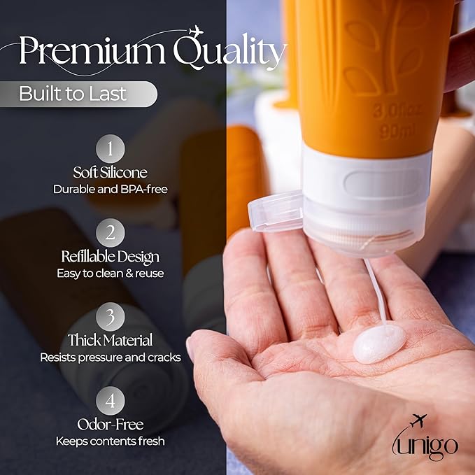 unigo Travel Bottles For Toiletries, 4 pack TSA Approved Containers, Travel Size Toiletries, Shampoo and Conditioner Bottles, Leak Proof and Refillable Bottles, BPA Free, Extra Bottle Covers (Apricot)