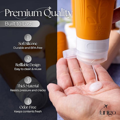 unigo Travel Bottles For Toiletries, 4 pack TSA Approved Containers, Travel Size Toiletries, Shampoo and Conditioner Bottles, Leak Proof and Refillable Bottles, BPA Free, Extra Bottle Covers (Apricot)