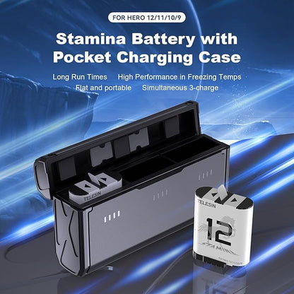 TELESIN 2-Pack Enduro Battery Charger for Hero 12 Hero 11 Hero 10 Hero 9, Long Lasting Batteries as Original Official + Pocket Fast Charge Charging Case for 12 11 10 9 Black Accessories