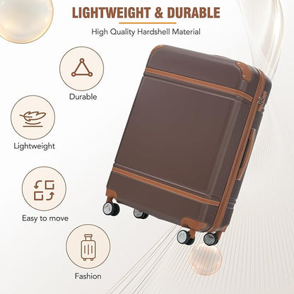 Merax Luggage Set 3 Piece Suitcase Set with 1 Cosmetic Case Expandable Spinner Wheels Vintage Luggage Sets(Brown,20"+24"+28")