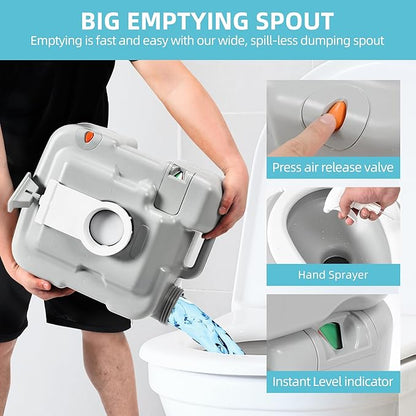 YITAMOTOR 5.3 Gal Portable Toilet for Adults, Camping Porta Potty with Diagonal Elongated Bowl, Hand Sprayer, Carry Bag, Level Indicator, Leak-Proof RV Travel Porta Potty for Outdoors Indoors Hospital