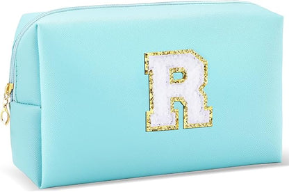 Gifts for Girls Initial Makeup Bag Personalized Cosmetic Bag with Zipper Cute Travel Toiletry Bag Waterproof PU Preppy Makeup Pouch Birthday Gift for Teen Girls Women(Blue R)