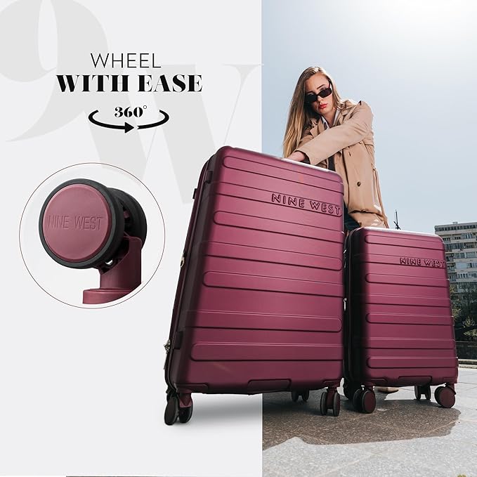 Nine West Celine 3 Piece Luggage Set – 20″ Carry-On & 28″ Checked Suitcase, Burgundy, Lightweight Expandable Hardshell with Spinner Wheels, Water-Resistant – Celine Collection for Women