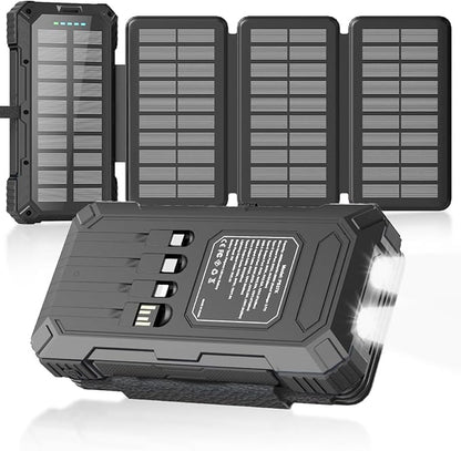 Solar Charger Power Bank 49800mAh with 4 Built-in Cables & 4 Foldable Panels, PD22.5W Fast Portable Phone Charger, External Battery Pack with USB-C in/Output & Flashlight for Outdoor Camping