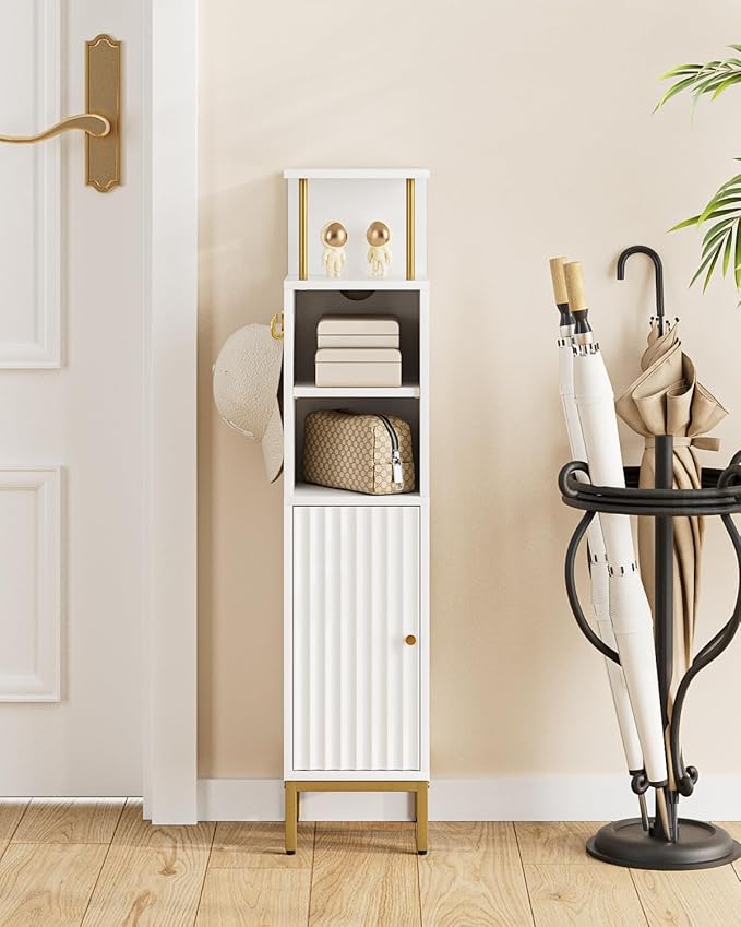 Bathroom Storage Cabinet,Small Corner Floor Cabinet with 2 Hook,Narrow Tall Toilet Paper Cabinet with Adjustable Shelves,Bathroom Organizer for Living Room,Small Spaces (Wave, White-37''H)