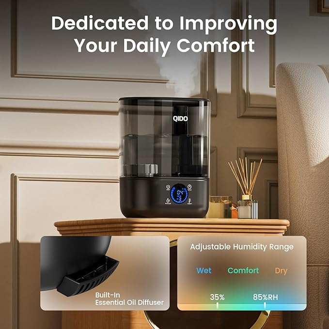 COMHOMA Smart Humidifiers for Bedroom, 5L Top Fill Supersized Humidifier Essential Oil Diffuser for Baby & Plants, 3 adjustable Mist with 28dB Quiet, Touch/APP/7-color Nightlight, 36H Runtime, Black