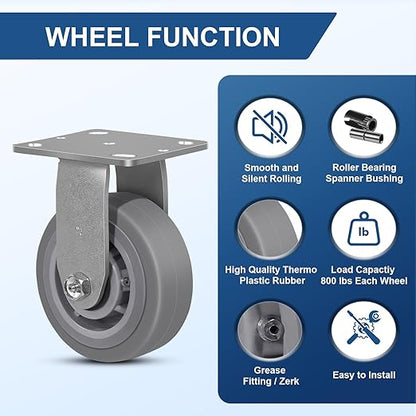 5 Inch Rubber Wheels (Flat Tread)- Heavy Duty Casters, Industrial Caster Wheels- with up to 800 LB Capacity- Use for Dollies, Utility and Maintenance Carts(1 Rigid)