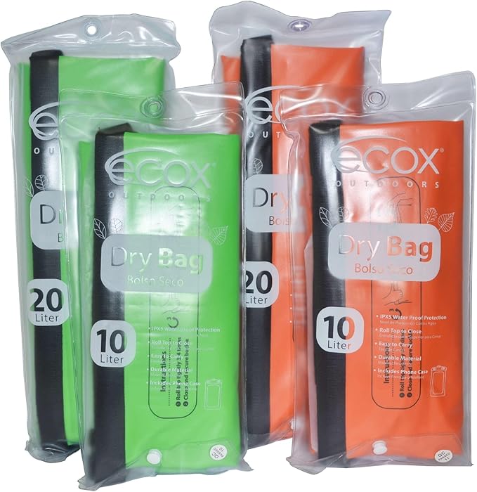 ecox Outdoors Waterproof Dry Bag for Outdoors Activities High Grade 500D PVC Construction Includes Waterproof Phone Case and Side Strap for Easy Carry 10L and 20L Models