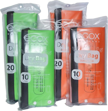 ecox Outdoors Waterproof Dry Bag for Outdoors Activities High Grade 500D PVC Construction Includes Waterproof Phone Case and Side Strap for Easy Carry 10L and 20L Models