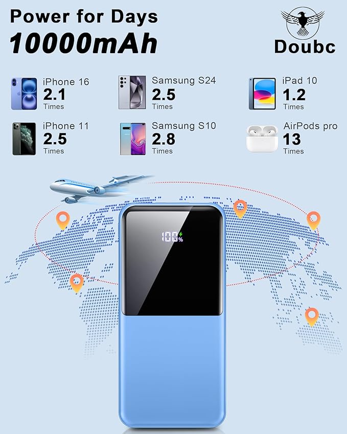 Portable Charger Power Bank, 10000mAh Mini Portable Battery Fast Charging Battery Pack Travel Essentials, PD 3.0 QC 4.0 External Phone Powerbank for iPhone Android Samsung and USB/USB-C Devices