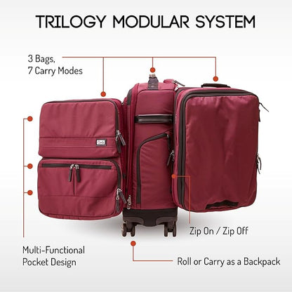 Trilogy Modular System I Modular 4-wheel spinner carry-on, with two zip-off bags! All 3 are Expandable! You get 3 bags in 1! Mix and match; take apart to fit crowded airplane spaces (Zinfandel)