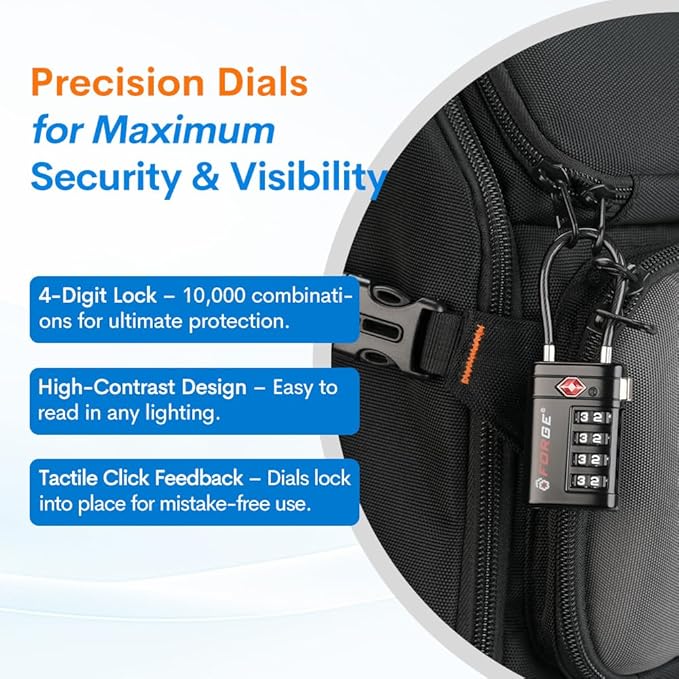 Forge TSA Approved Luggage Locks 4 Digit Combination TSA Travel Locks with TSA008, Open Alert Indicator, Zinc Alloy Body for Luggage, Suitcase, Backpack, and More. Black 6 Locks.