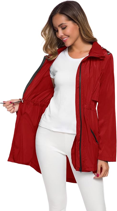 Avoogue Women's Long Raincoat with Hood Outdoor Lightweight Windbreaker Rain Jacket Waterproof