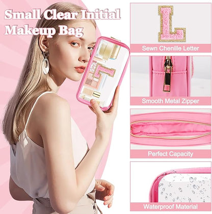 Small Clear Personalized Initial Makeup Bag,Nylon Preppy A-Z Chenille Letter Patch Cosmetic Pouch Beach Toiletry Bag,Waterproof Zipper Travel Purse Storage Bag Organizer for Women Girls(Pink-Pink L)