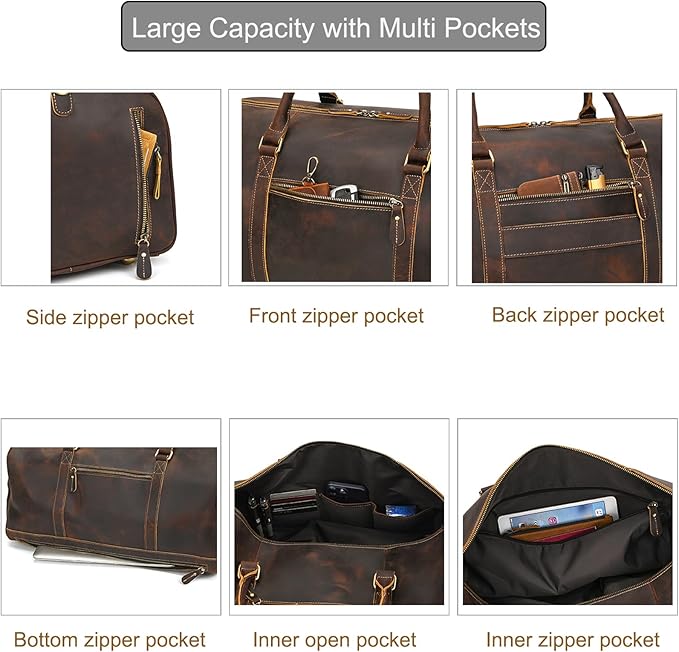 Genuine Full-grain Leather Travel Bag Large Capacity Duffel Luggage Bag with Shoe Compartment, Men Women Weekend Shoulder HandBag for Holiday Trip
