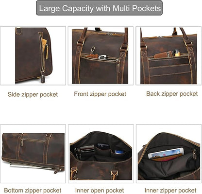 Genuine Full-grain Leather Travel Bag Large Capacity Duffel Luggage Bag with Shoe Compartment, Men Women Weekend Shoulder HandBag for Holiday Trip