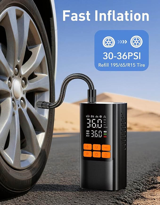 Tire Inflator Portable Air Compressor, Electric Air Pump with Digital Tire Pressure Gauge, Dual Digital LCD, Triple Cooling System, Cordless Tire Inflator for Bike, Tire and Car
