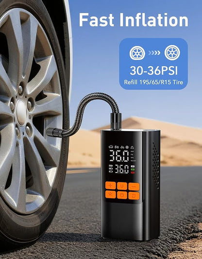 Tire Inflator Portable Air Compressor, Electric Air Pump with Digital Tire Pressure Gauge, Dual Digital LCD, Triple Cooling System, Cordless Tire Inflator for Bike, Tire and Car
