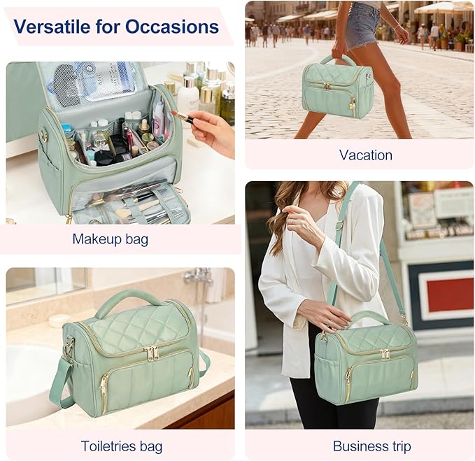 Travel Toiletry Bag Large Cosmetic Makeup Bag Organizer for Women,Wide-open Make Up Bag Waterproof Makeup Case Travel Bag with Handle and Dividers for Toiletries,Essentials,Accessories,Green