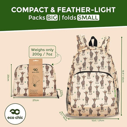 ECO CHIC Hiking Lightweight Packable Backpack - Foldable Daypack for Travel & Hiking & Outdoor Adventures - Waterproof Backpack from Recycled Materials (Giraffes Beige)