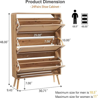 Rattan Shoe Cabinet with 3 Flip Drawers, 48 Pairs Narrow Shoe Storage Cabinet for Entryway Freestanding Hidden Shoe Rack, Modern Slim Wood Shoe Organizer for Hallway, Natural