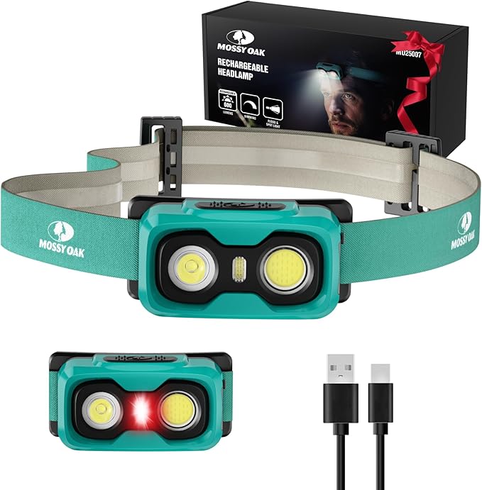 Mossy Oak 600 Lumens Rechargeable Headlamp, Lightweight LED Headlight with White & Red Light, Waterproof Head Lamp with Non-Slip Band, Dimmable & Memory Function for Camping, Running, Christmas Gifts