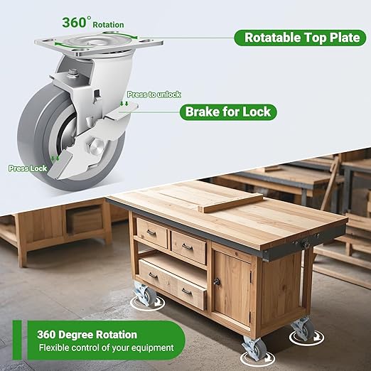 Nefish 5 Inch Heavy Duty Casters Wheels, Industrial Grade Thermoplastic Rubber Casters with Brake 3500 LBS, Ball Bearing Plate Swivel Castors Set of 4, Casters Wheels for Equipment, Cart, Workbench