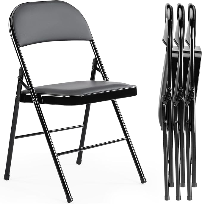 Folding Chairs 4 Pack, Portable Stackable Commercial Chair, Indoor Outdoor Padded Leather Chair with Sturdy Metal Frame, for Home, Office, or Party Events. (Black, 4 Pack)