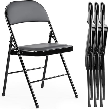 Folding Chairs 4 Pack, Portable Stackable Commercial Chair, Indoor Outdoor Padded Leather Chair with Sturdy Metal Frame, for Home, Office, or Party Events. (Black, 4 Pack)
