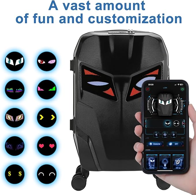 20 inch Smart LED light up Luggage, Airline Approved Hard Shell Suitcases with Wheels, Carry on Luggage Small Rolling Suitcase with Lock, APP-Controlled LED Display