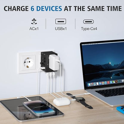 Travel Adapters, International Power Travel Plug Adapter, 3 USB-C & 1 USB-A Fast Charging Travel Charger, All in One Worldwide Travel Plug Adapter, (Black-35W)