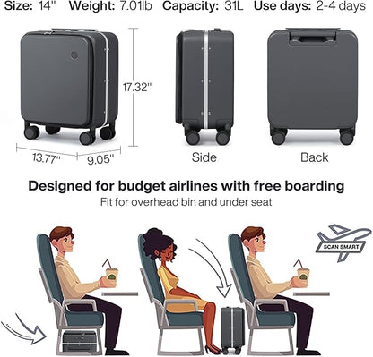 mixi 14 Inch Underseat Carry On Luggage PC Hard Shell Suitcase Top Opening Aluminum Frame Travel Suitcases with Wheels, Rock Gray