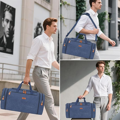 Canvas Mens Duffle Bag for Travel - Expandable 50L Weekender Bags with Toiletry Bag, Overnight Bag Travel Duffel Carry On Luggage with Removable Shoulder Strap, Durable & Water-Resistant