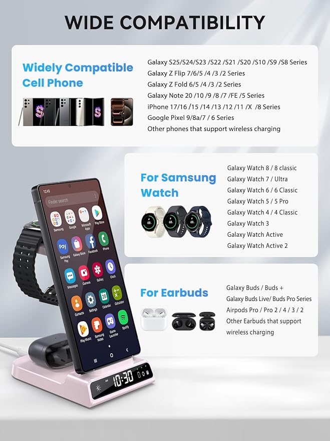 Wireless Charger for Samsung Charging Station with Clock for Samsung Galaxy S25 Ultra/S24 Ultra/Z Flip 6/5/Fold 5/Bud 2, 3 in 1 Charging Station Watch Charger for Samsung Galaxy Watch 7/6/5Pro(Pink)